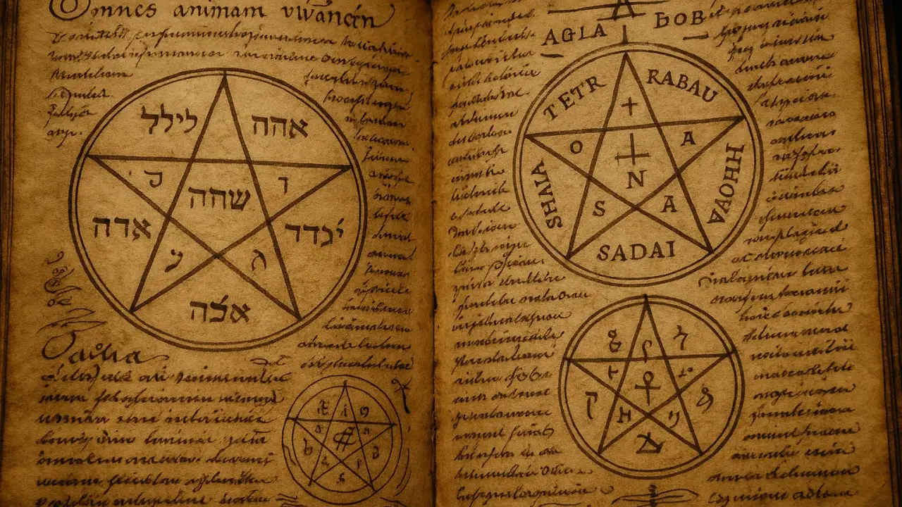 Livre ancien ouvert sur des pages remplies de textes et de symboles mystiques, dont un pentagramme complexe, un symbole ancien de pouvoir.
