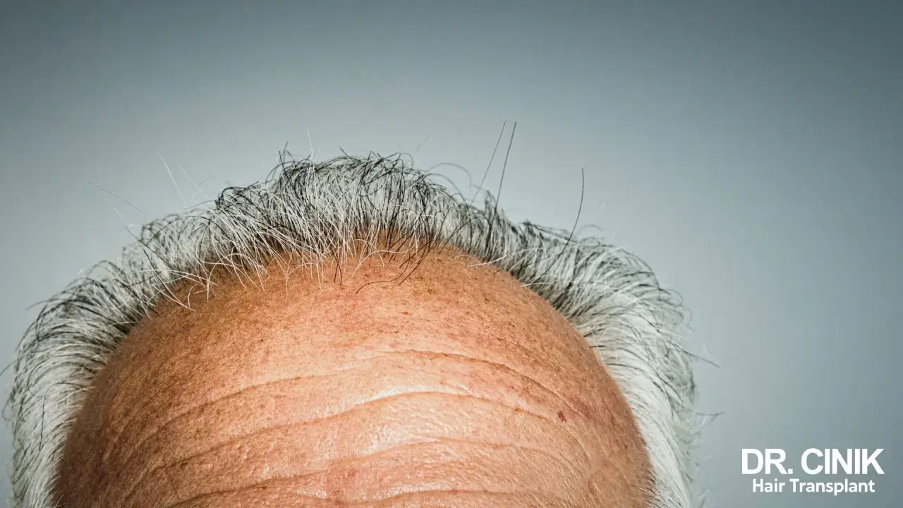 Gros plan sur le front d'un homme aux cheveux gris clairsemés. La vitamine D, source de bienfaits pour les cheveux, est essentielle pour leur santé.