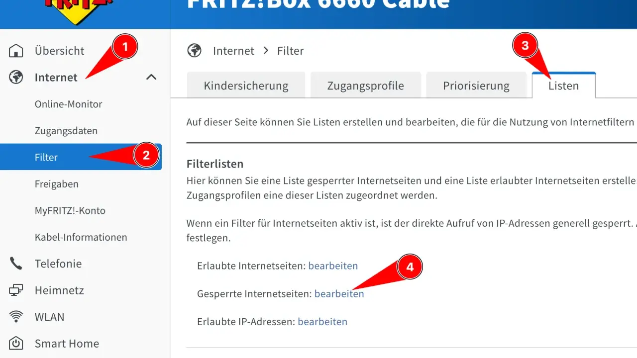 FRITZ!Box: Webseiten sperren im Menü "Internet > Filter". Hier können Sie Listen für gesperrte und erlaubte Seiten erstellen.