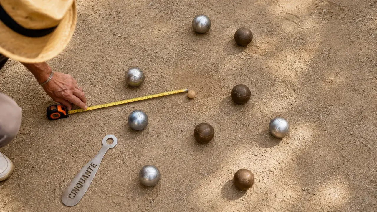 Un joueur mesure la distance entre le cochonnet et les boules lyonnaises. La règle du jeu est respectée.