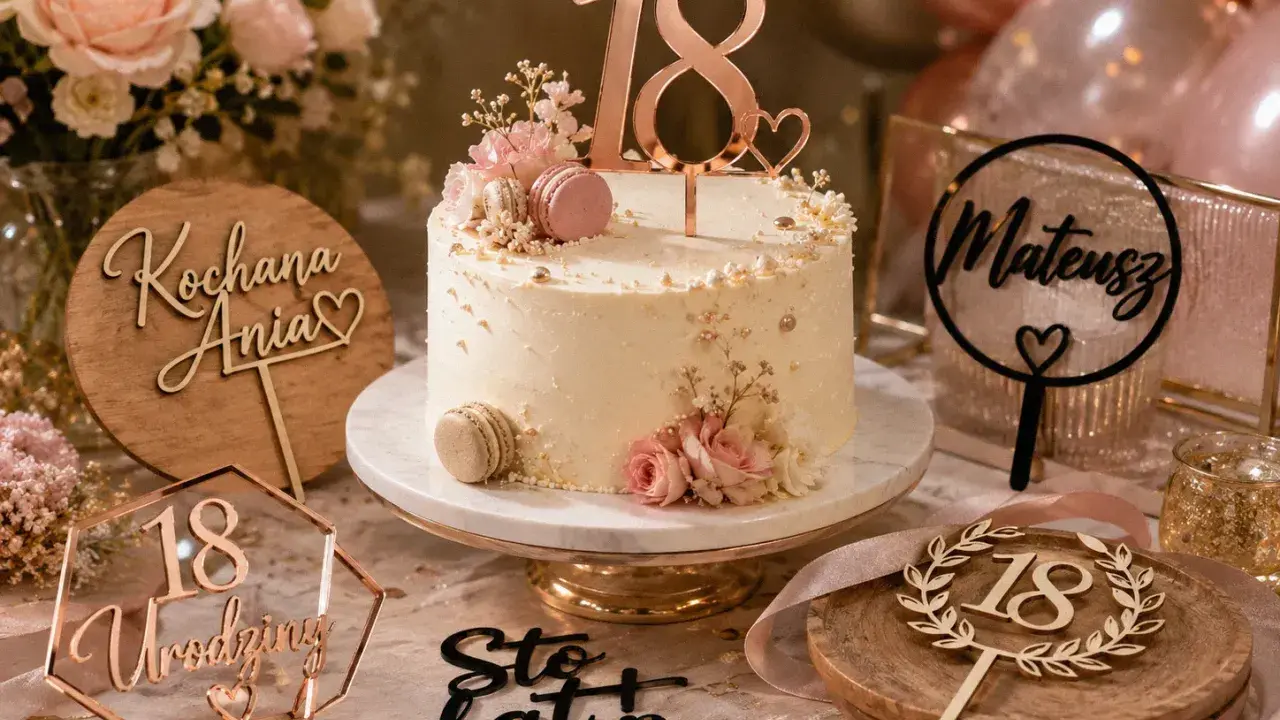 Elegancki tort na 18. urodziny z dekoracjami: topper "18", napisy "Kochana Ania", "Mateusz", "18 Urodziny", "Sto lat!".