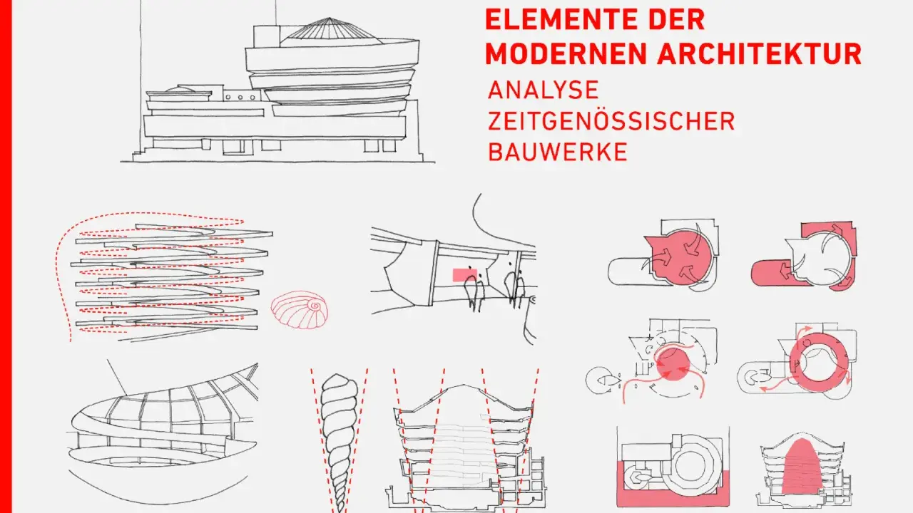 Elemente der modernen Architektur: Skizzen von Gebäuden, Spiralen und technischen Diagrammen, die die Analyse zeitgenössischer Bauwerke illustrieren.