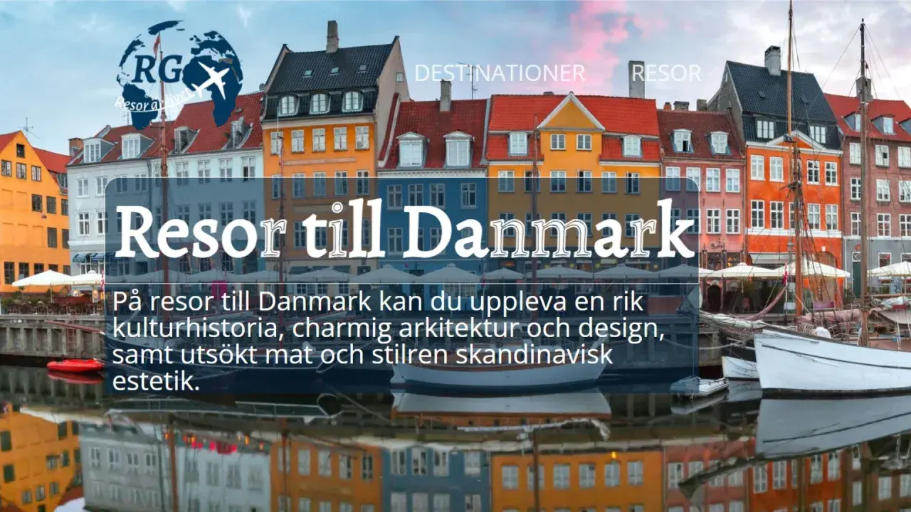 Färgglada hus vid en kanal i Danmark, med texten "Resor till Danmark". Upptäck fina platser i Danmark med rik kulturhistoria och charmig arkitektur.