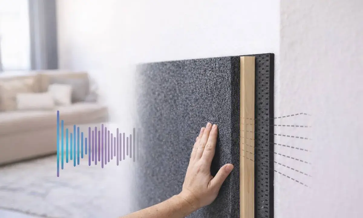 Mano tocando material para aislar ruido. Gráfico de sonido muestra cómo se reduce.