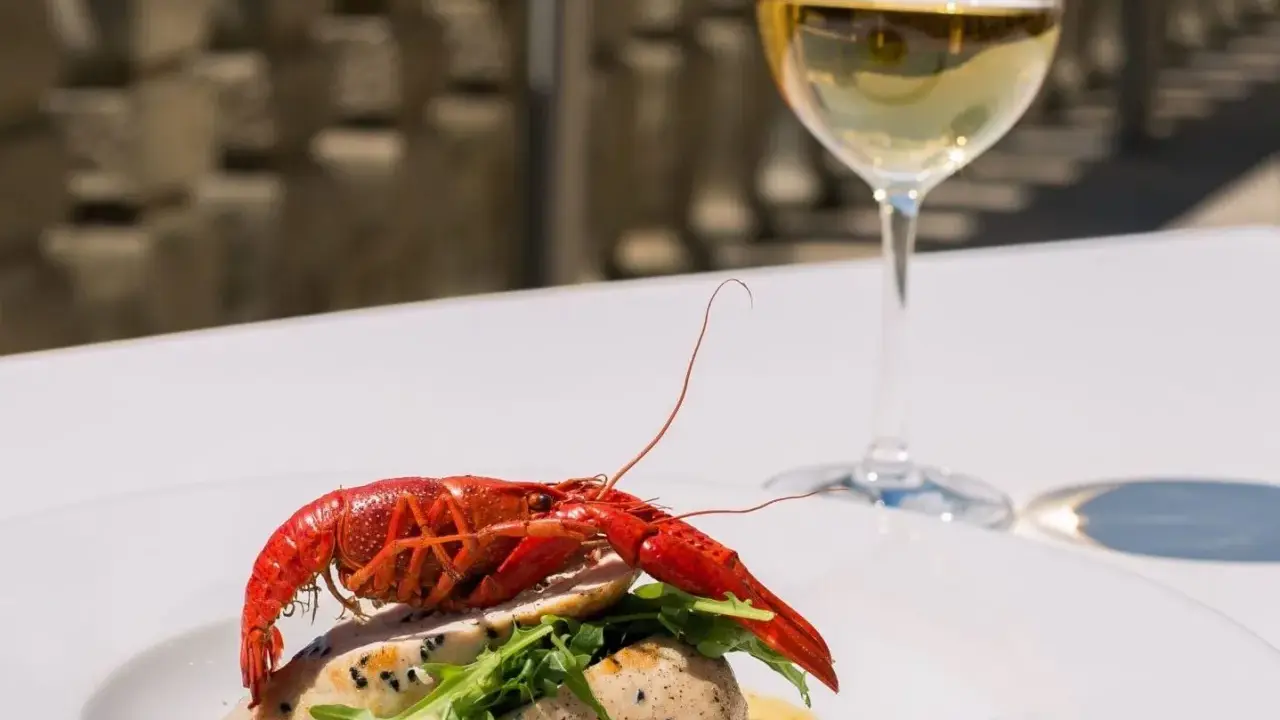 Un plat de poisson avec une écrevisse rouge, roquette et sauce, accompagné d'un verre de chenin blanc sec ou moelleux.
