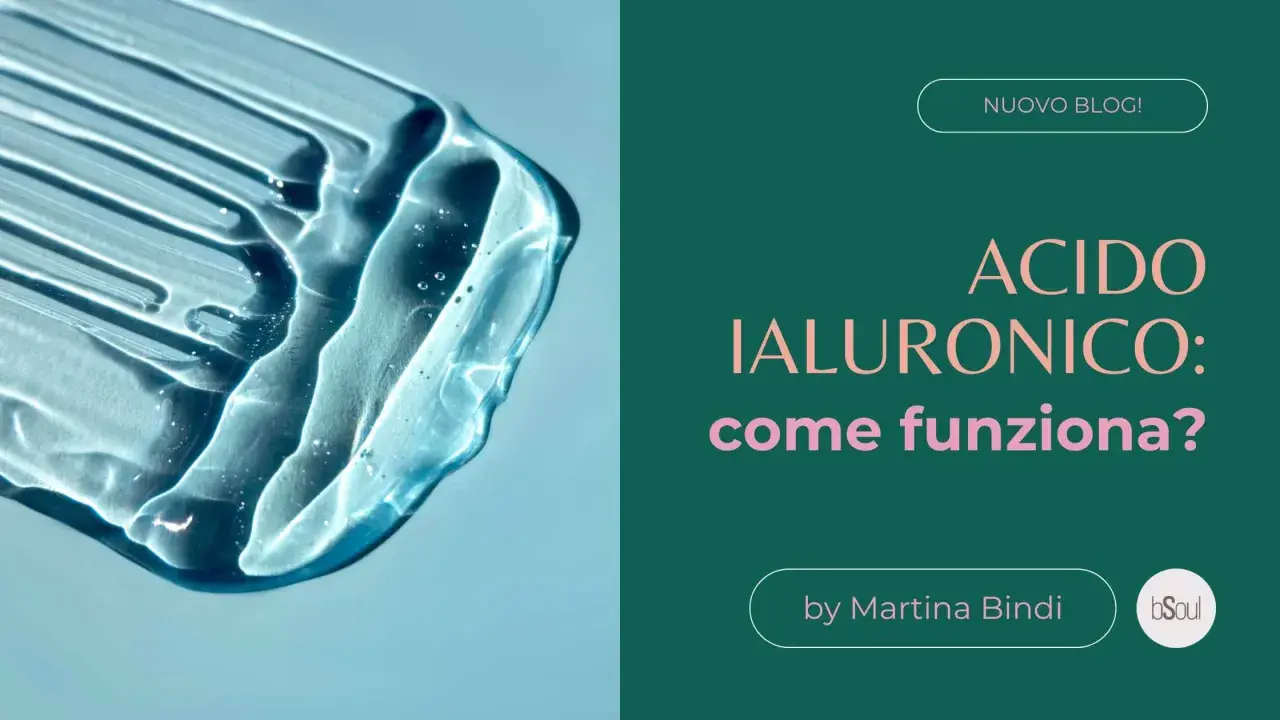 Goccia di acido ialuronico trasparente su sfondo azzurro, con testo "Acido Ialuronico: come funziona?".