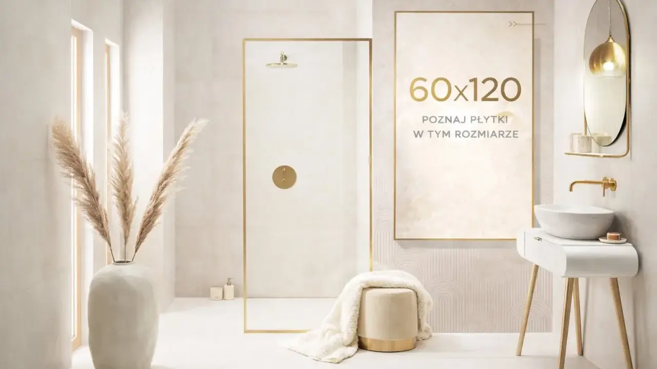 Elegancka łazienka z prysznicem i umywalką. Na ścianie plakat "60x120 poznaj płytki w tym rozmiarze".