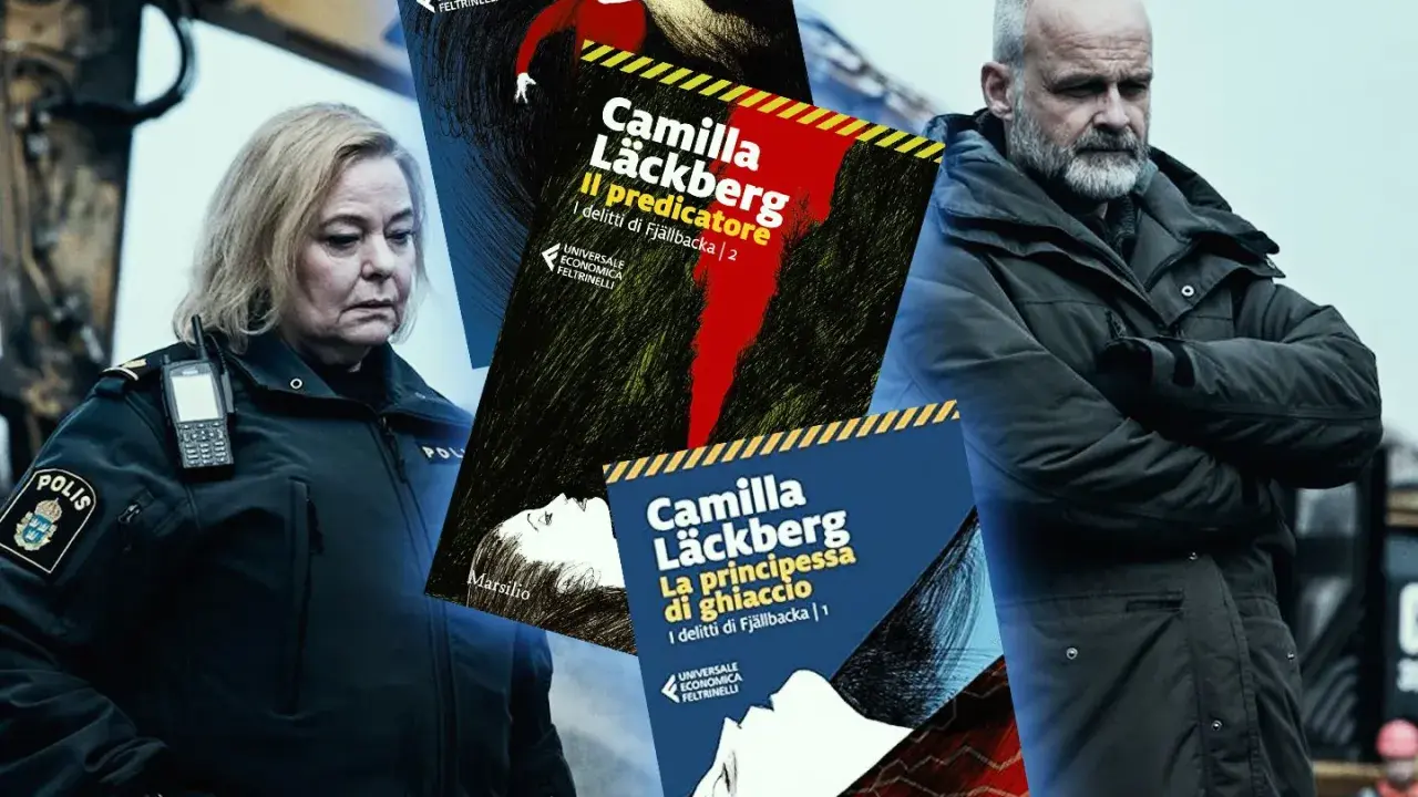 I libri di Camilla Läckberg in ordine: "La principessa di ghiaccio", "Il predicatore" e "Lo scalpellino", con i volti dei protagonisti sullo sfondo.