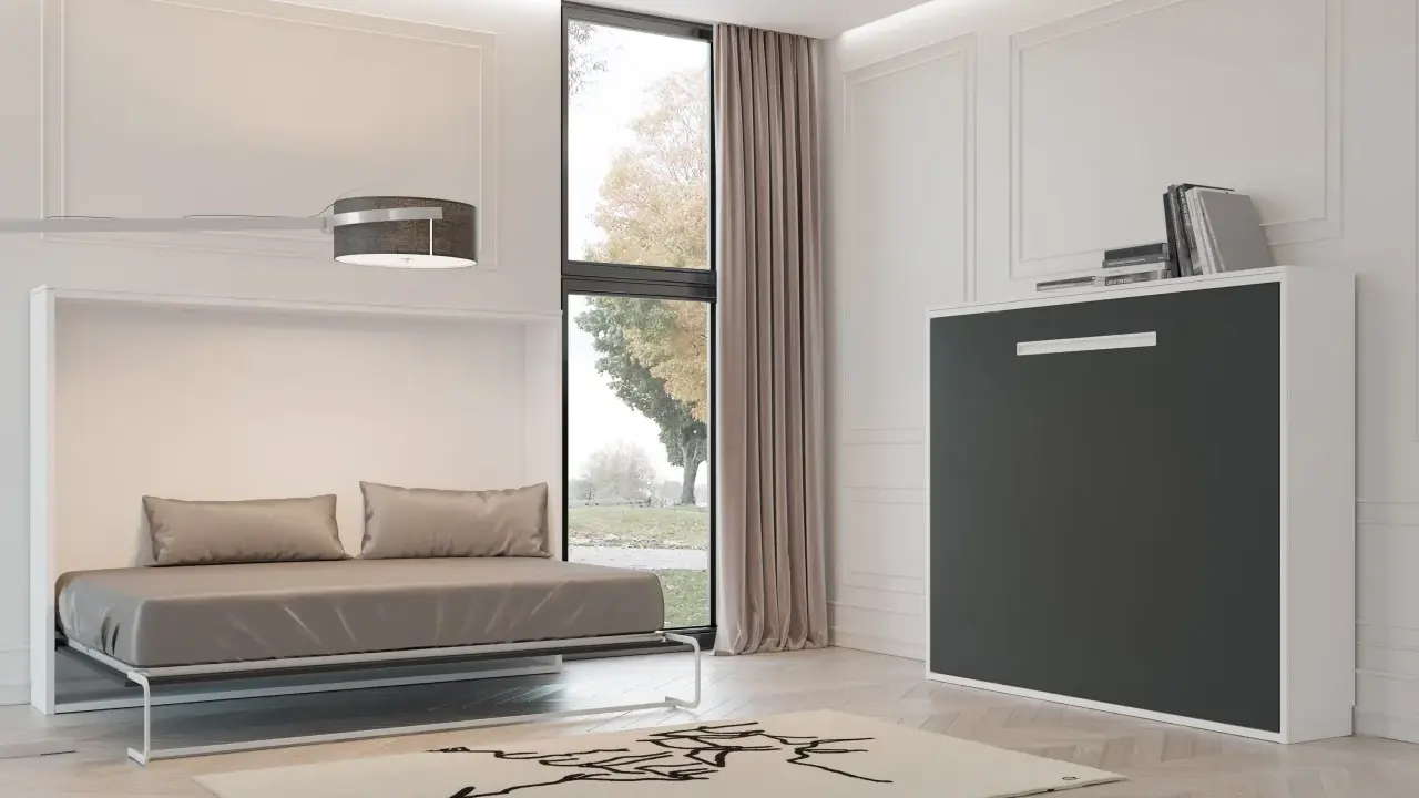 Cama abatible vertical 90x190 con sofá integrado, ideal para optimizar espacios.