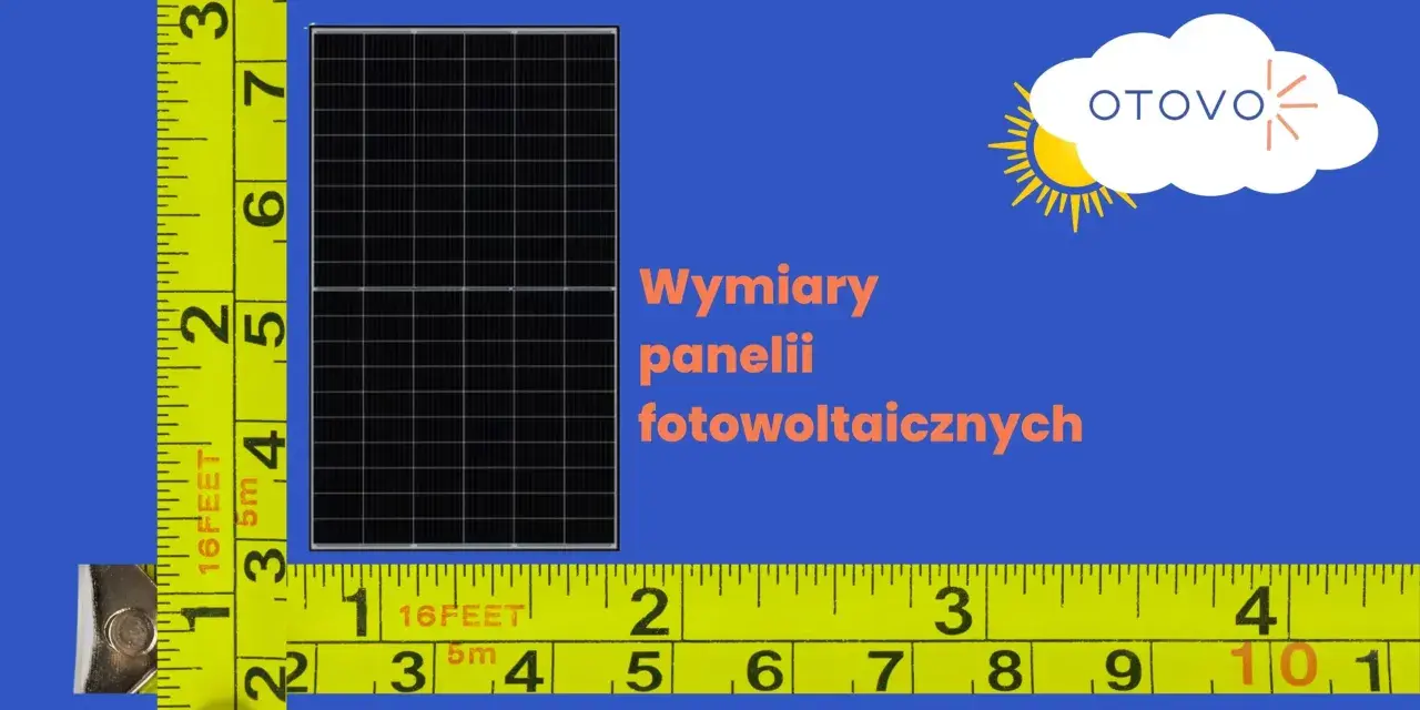 Miarka pokazuje wymiary paneli fotowoltaicznych. Logo OTOVO z chmurką i słońcem.