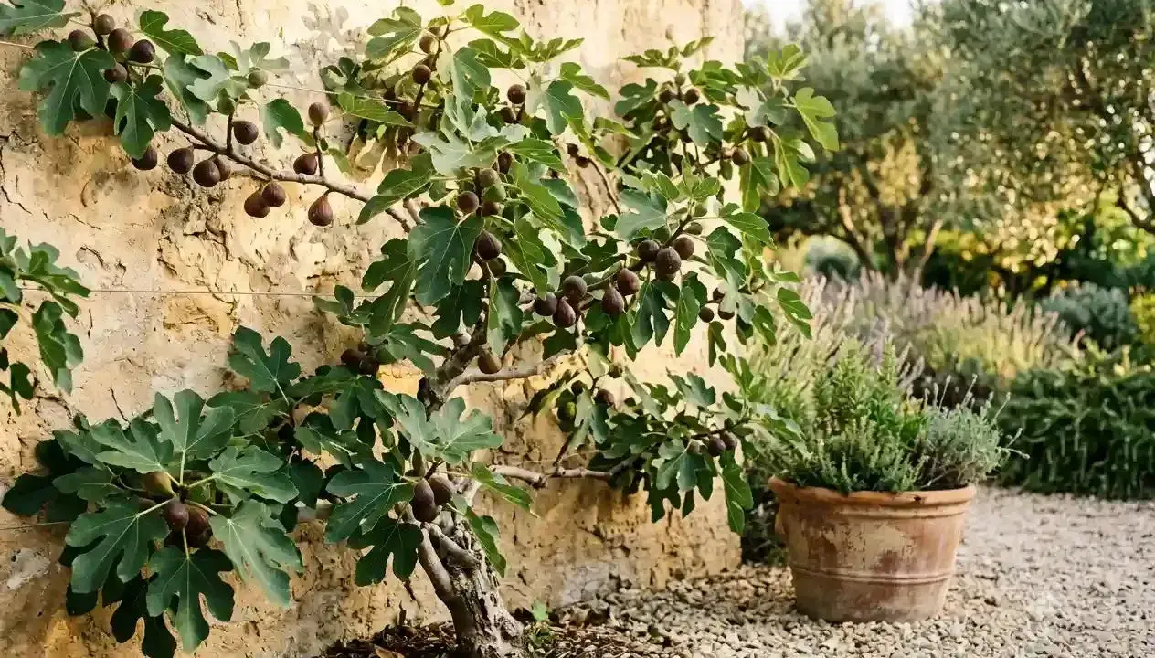 Un figuier chargé de fruits mûrs, adossé à un mur de pierre. Le moment idéal pour savoir quand transplanter un figuier est souvent après la récolte.