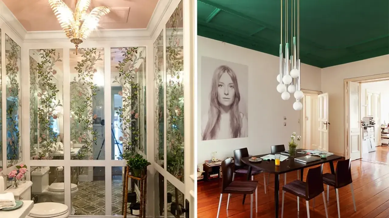 Bagno con soffitto rosa e sala da pranzo con soffitto verde smeraldo: idee pittura soffitto audaci per trasformare gli spazi.