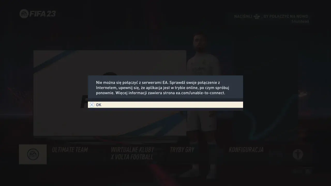 Komunikat o błędzie połączenia z serwerami FIFA 23. Nie można grać online.