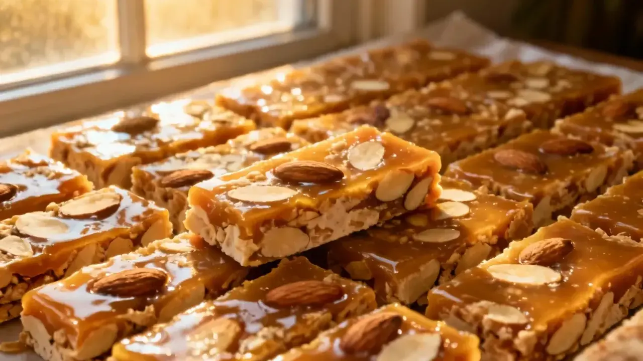 Délicieuses barres de nougatine recette, garnies d'amandes entières et effilées, sous une lumière douce.