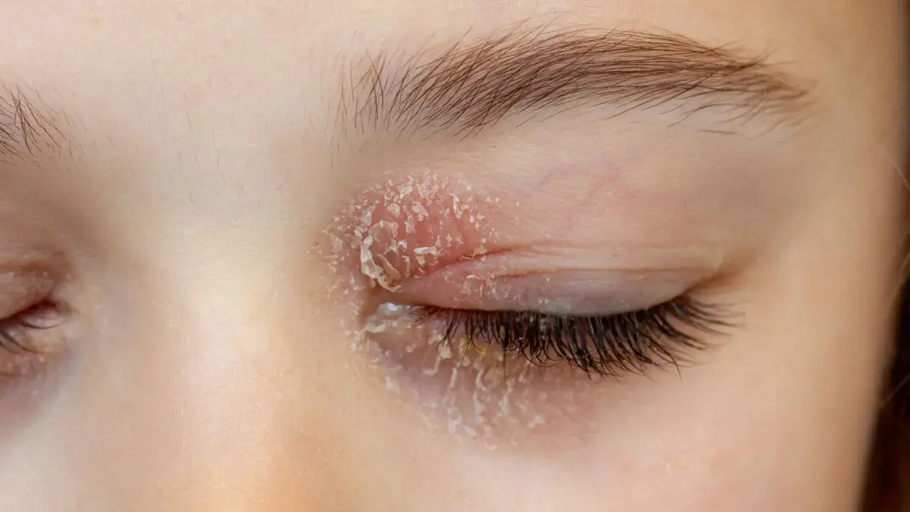 Peau sèche et squameuse sur la paupière, symptôme d'eczéma aux yeux. Cause possible : réaction allergique ou irritant.