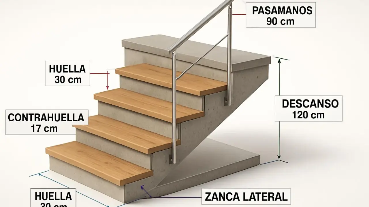 Detalle de medidas huella y contrahuella escalera: huella 30 cm, contrahuella 17 cm, pasamanos 90 cm, descanso 120 cm.