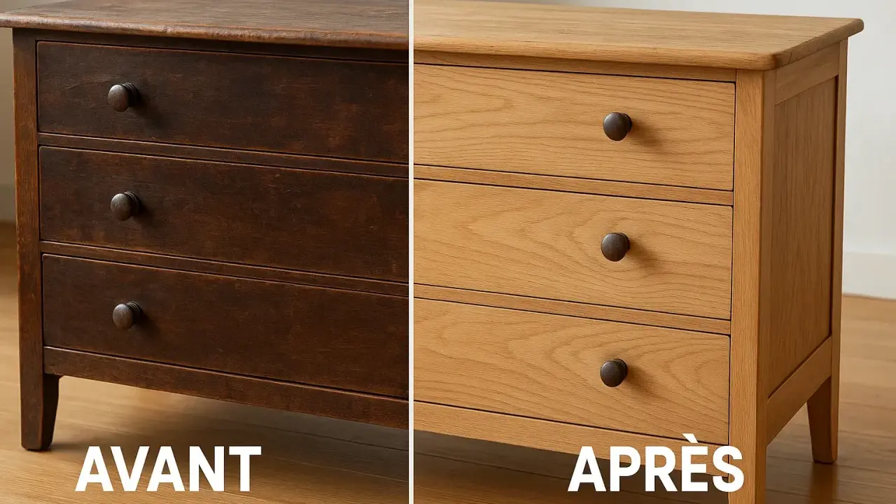 Avant/Après : un meuble ciré sombre transformé en bois clair. Découvrez comment décaper un meuble ciré pour lui redonner sa beauté naturelle.