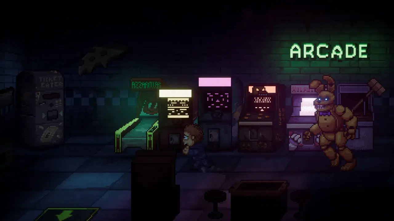 Chłopiec ucieka przed Springtrapem w mrocznym salonie gier, jak w **FNAF Into the Pit**.