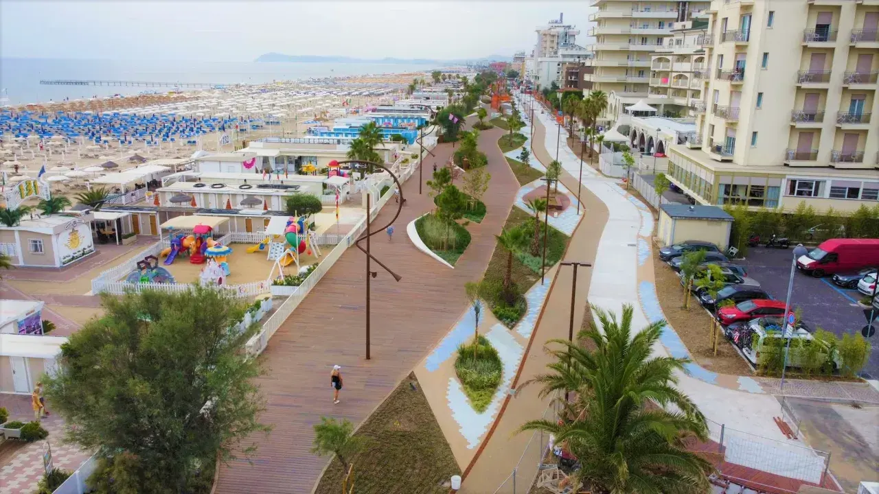 Passeggiata lungomare a Rimini Miramare con aree gioco, stabilimenti balneari e palazzi affacciati sul mare.