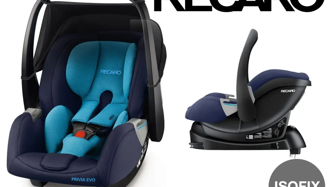 Dwa foteliki samochodowe Recaro w kolorze granatowym i niebieskim, jeden z bazą Isofix.