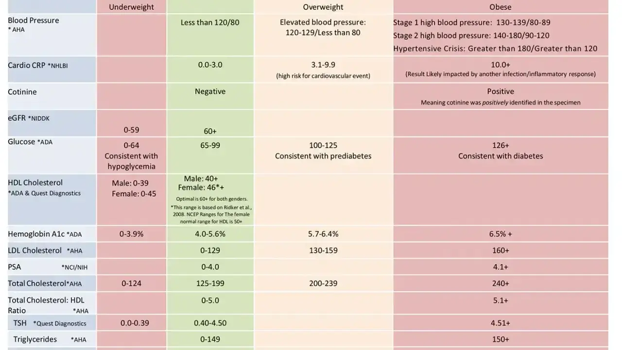 Tabela wyników badań: trójglicerydy norma 0-149. Inne parametry: BMI, ciśnienie, glukoza, cholesterol.