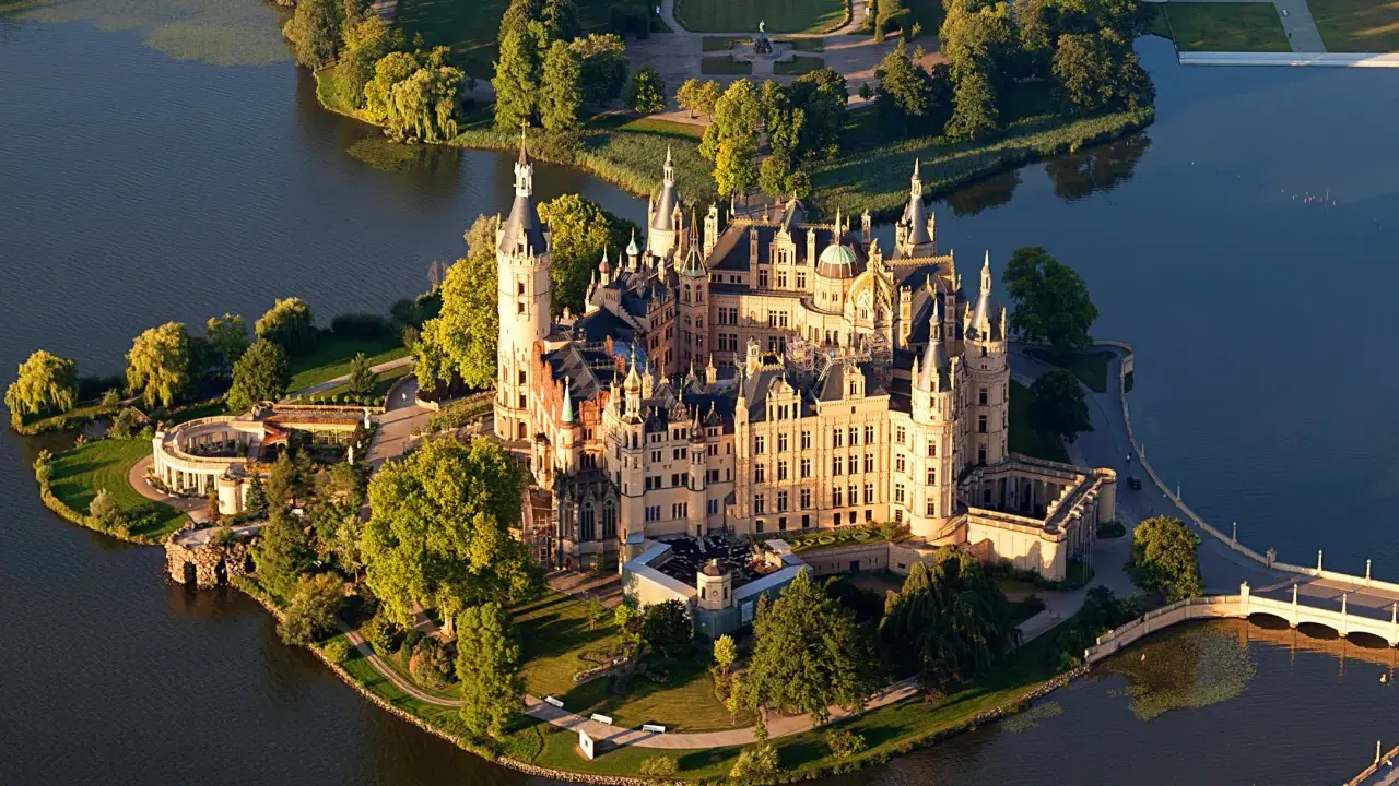 Schweriner Schloss, perła północnych Niemiec, co warto zobaczyć, otoczony wodą i zielenią.