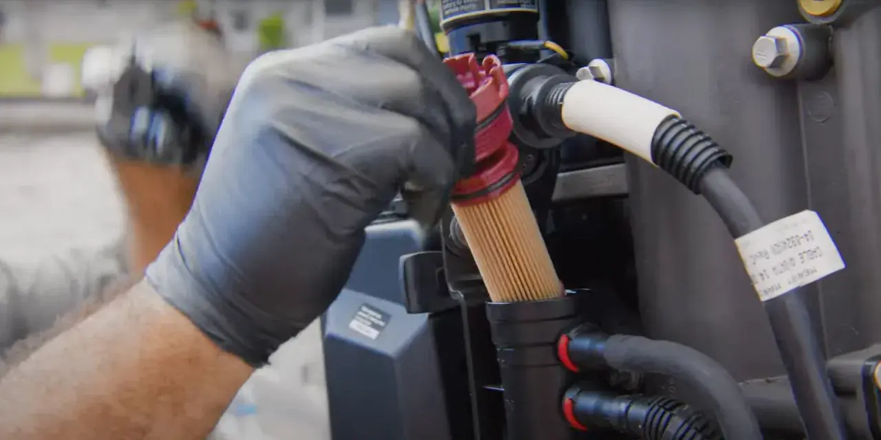 Main d'un mécanicien en gant noir retirant un filtre à gasoil encrassé, conséquence d'un mauvais entretien.