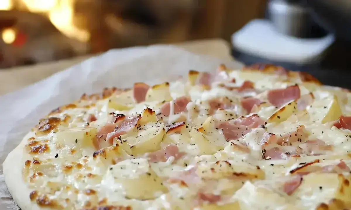 Flammekueche traditionnelle avec lardons et pommes de terre, prête à être dégustée près du feu.