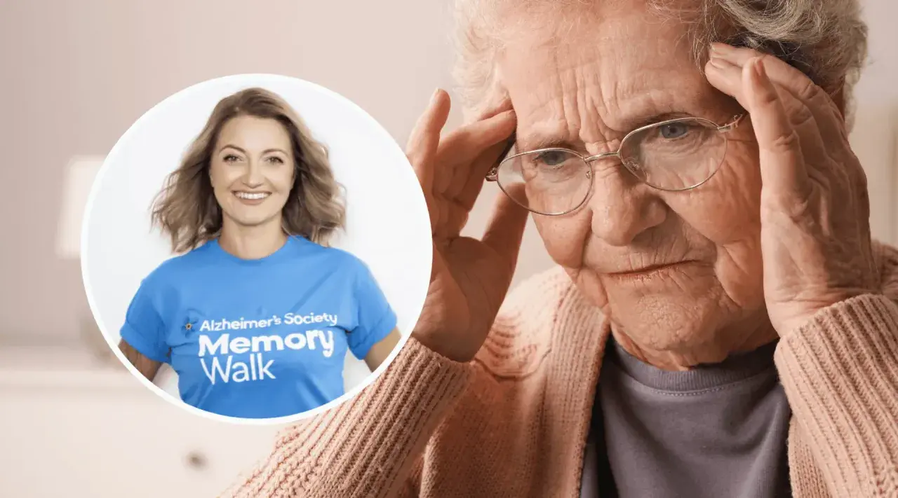 Kobieta z bólem głowy, być może objawy alzheimera. Obok uśmiechnięta wolontariuszka Alzheimer's Society Memory Walk.