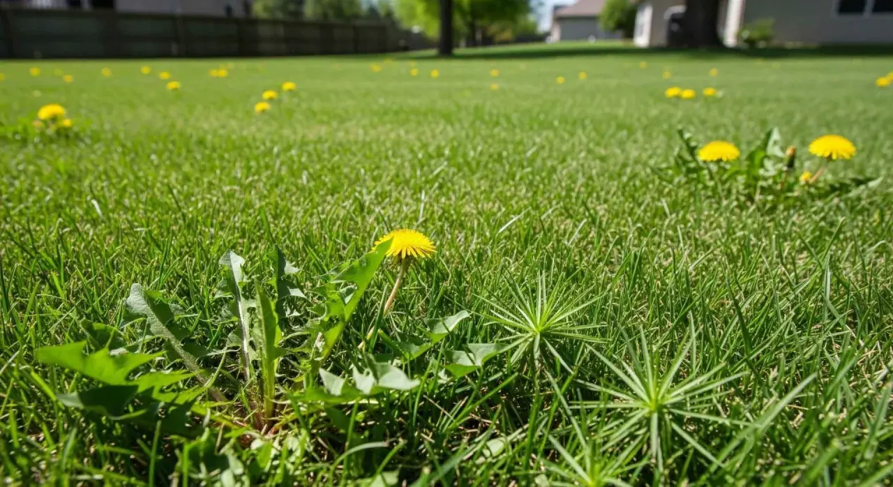 A lush green lawn in Iowa dotted with bright yellow dandelions, a common sight among iowa lawn weeds.