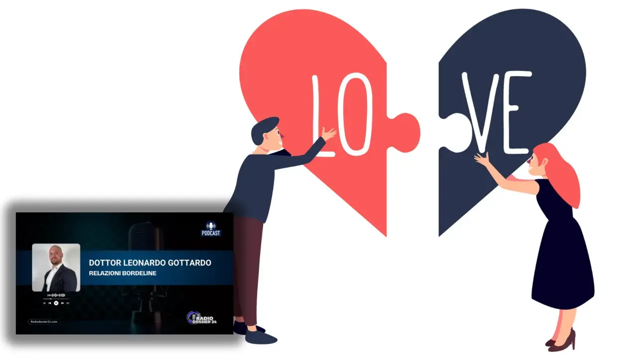Coppia che cerca di completare la parola "LOVE" su un cuore spezzato, simboleggiando le sfide della personalità borderline in amore. Podcast di Dottor Gottardo.