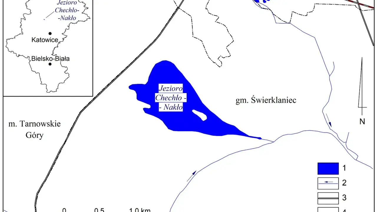 Mapa przedstawia Jezioro Chechło-Nakło, otoczone przez miejscowości takie jak Tarnowskie Góry, Lasowice i Nowe Chechło.