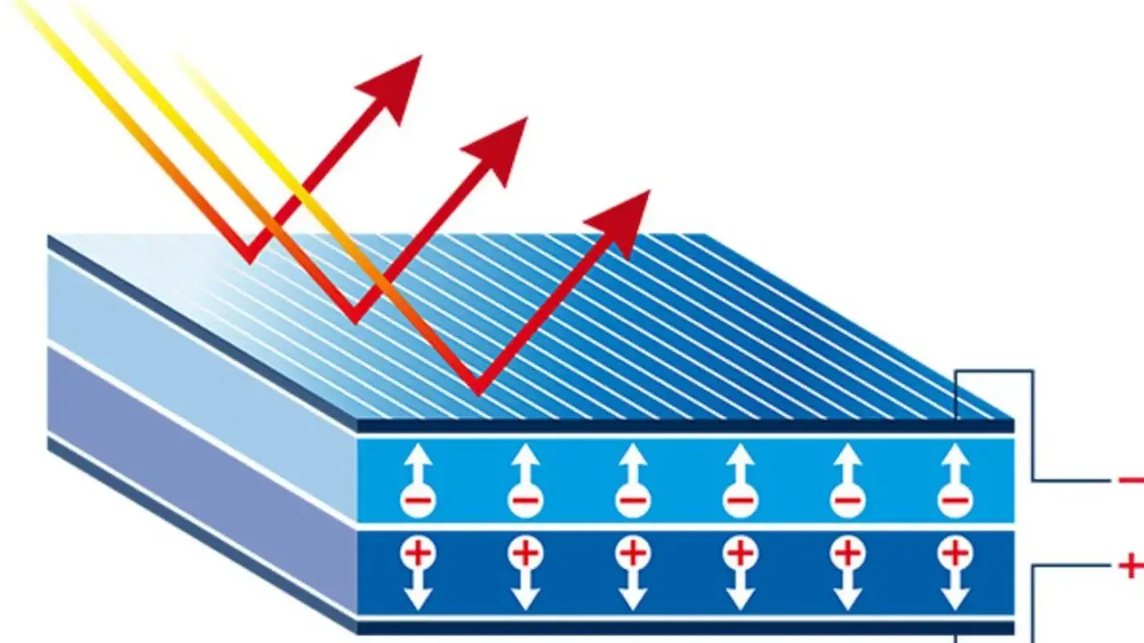 Illustration av hur solljus träffar solceller och genererar elektricitet. Visar laddningsseparation för att maximera installerad effekt solceller.
