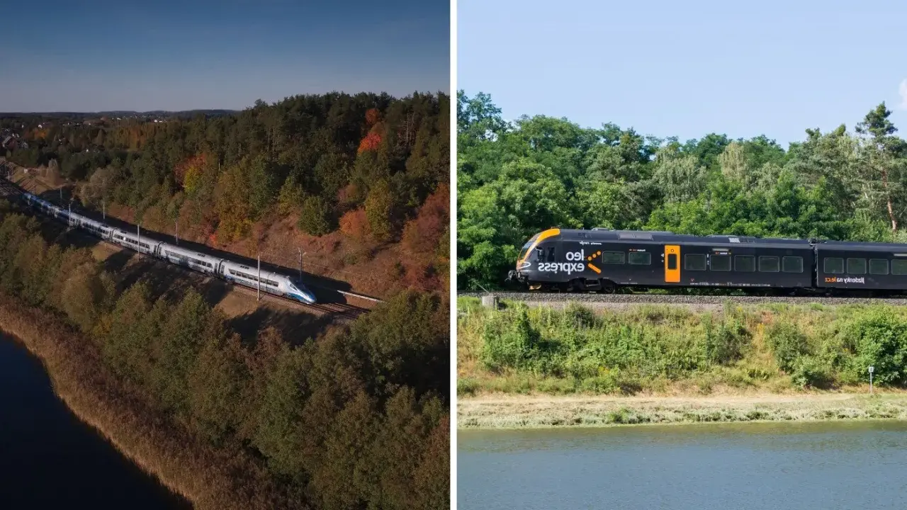 Pociąg Pendolino na linii kolejowej Kraków Zakopane wśród jesiennych drzew. Po prawej czarny pociąg Leo Express.