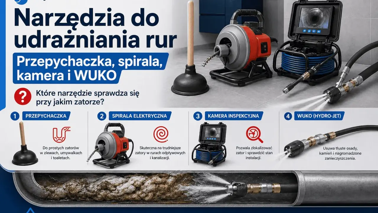 Narzędzia do udrażniania rur: przepychaczka, spirala, kamera i WUKO. Dowiedz się, jak udrożnić rury i wybrać odpowiednie narzędzie do zatoru.