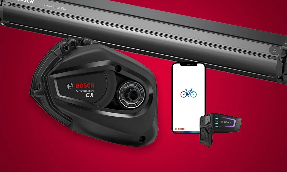 Silnik Bosch Performance Line CX, bateria PowerTube 750, smartfon z aplikacją rowerową i pilot sterujący.