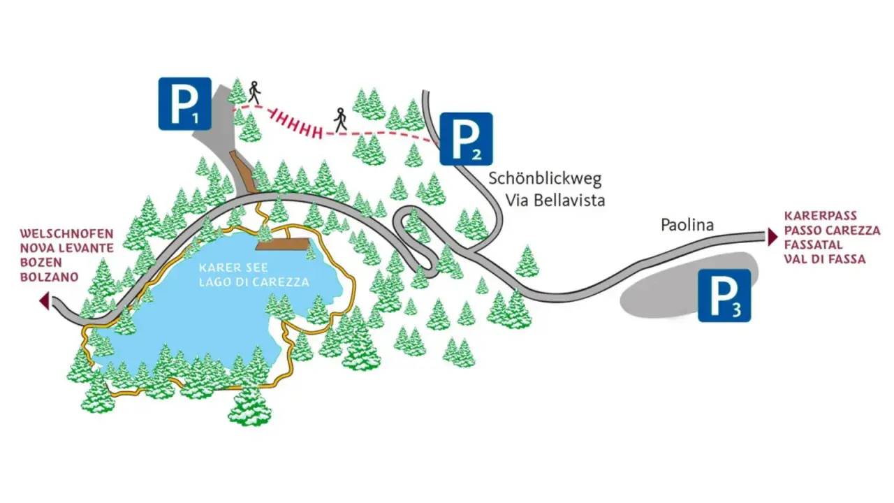 Mappa del Lago di Carezza con parcheggio gratis P1, P2, P3. Sentieri per Schönblickweg e percorsi per Welschnofen.