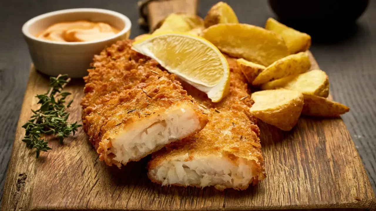 Krispigt panerad fisk, perfekt stekt, serveras med klyftpotatis och en citronskiva. En härlig måltid att njuta av.