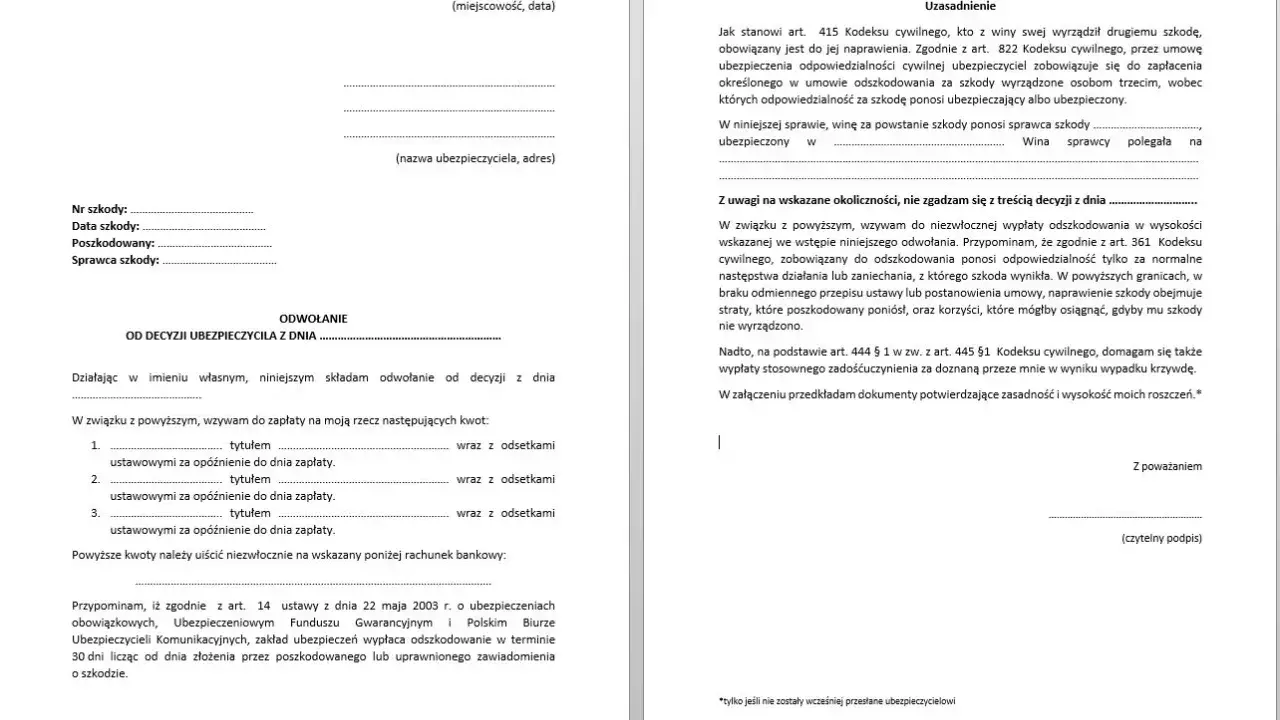 Odwołanie od decyzji ZUS. Dokument zawiera uzasadnienie roszczenia o wypłatę odszkodowania i zadośćuczynienia.