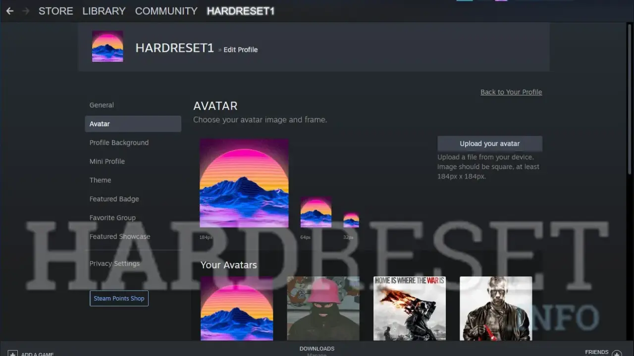 Profilowe na Steam. Wybór awatara z górzystym krajobrazem i neonowym zachodem słońca.