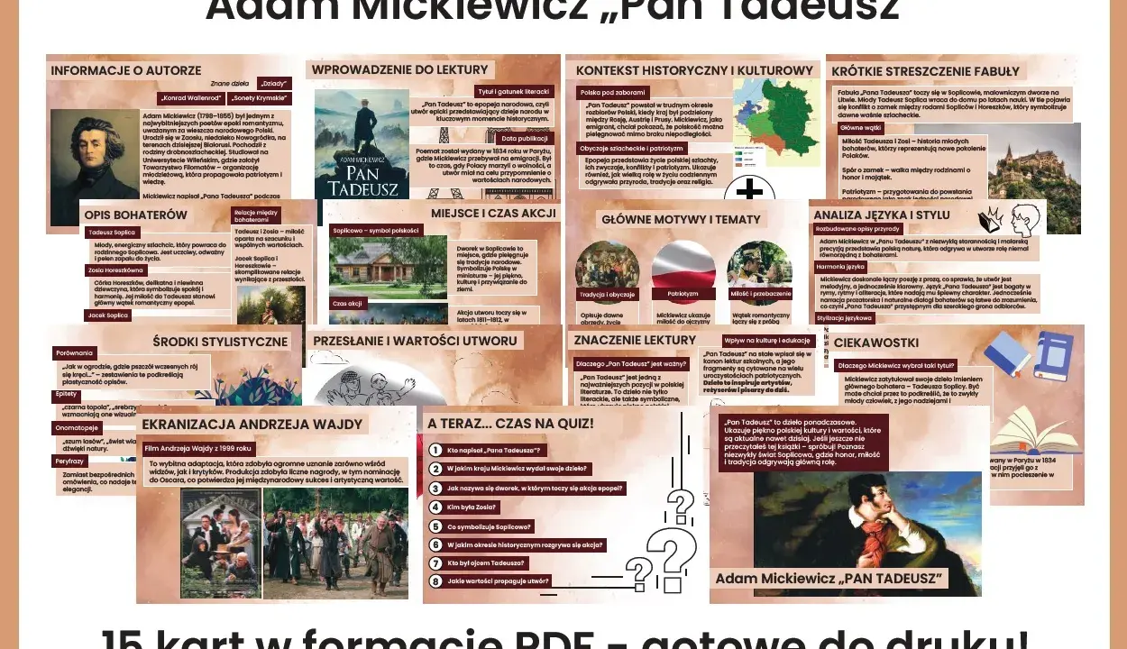 Ilustracja przedstawia kolaż grafik i zdjęć związanych z "Panem Tadeuszem" Adama Mickiewicza.