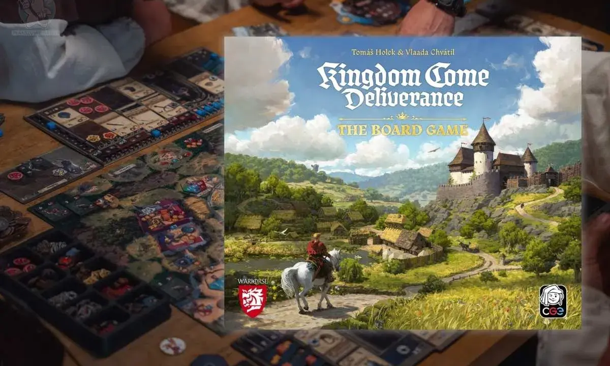 Rebel zapowiedzi: plansza do gry Kingdom Come: Deliverance, zamek na wzgórzu, wioska i rycerz na koniu.
