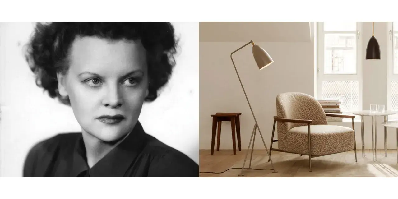 Porträtt av Greta Magnusson Grossman bredvid en av hennes ikoniska golvlampor och en fåtölj i en modern inredning.