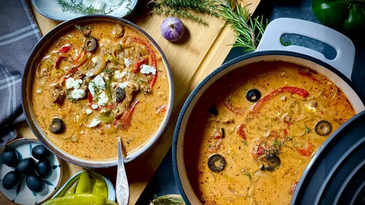 Zwei Töpfe mit cremiger Gyrossuppe, garniert mit Feta, Oliven und Paprika. Ein köstliches Gyrossuppe Rezept für kalte Tage.