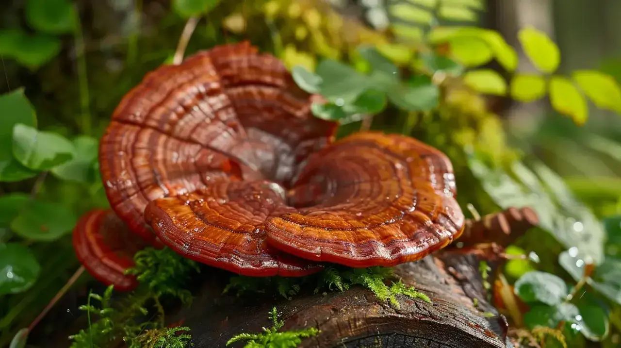 Lśniące grzyby reishi na pniu, otoczone mchem i zielenią. Reishi na co? Na zdrowie i odporność, symbol długowieczności.