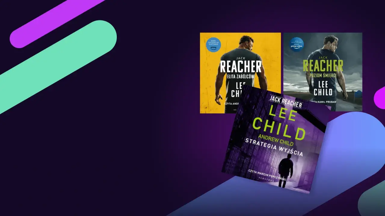 Trzy okładki książek z serii Jack Reacher autorstwa Lee Childa. Najnowsza książka "Strategia Wyjścia" w fioletowej tonacji.