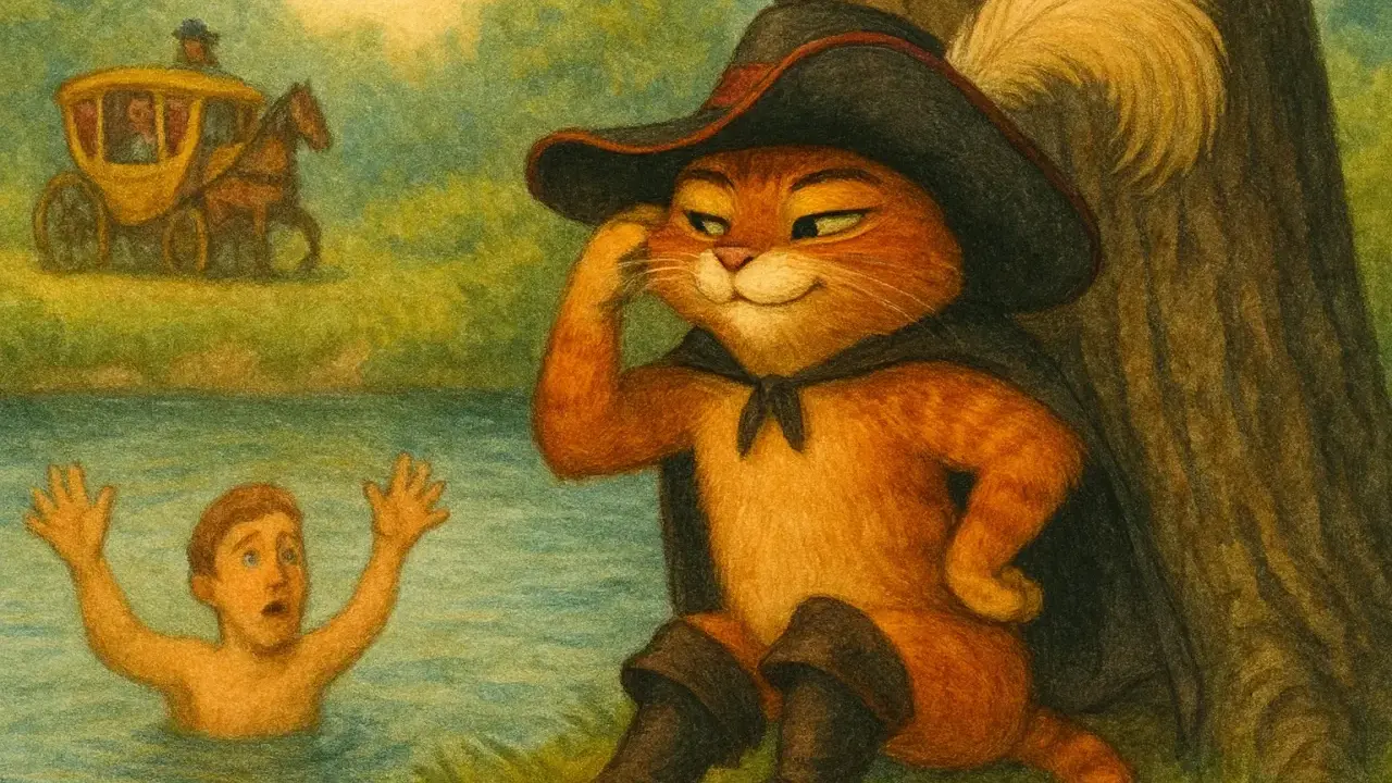 El Gato con Botas, protagonista de un cuento divertido para niños, observa a un niño en apuros en el río, mientras un carruaje avanza al fondo.