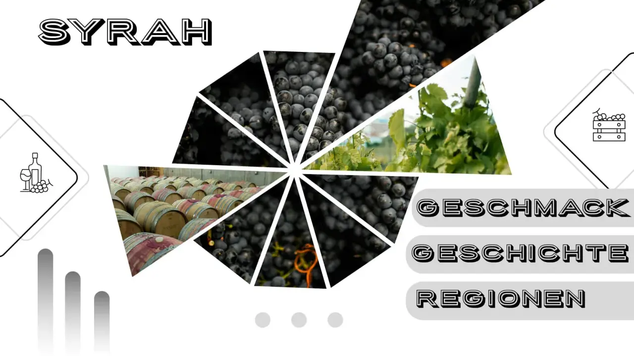 Syrah Traube: Dunkle Beeren, Weinreben, Fässer und die Worte "Geschmack", "Geschichte", "Regionen" erzählen von der Vielfalt dieser Rebsorte.
