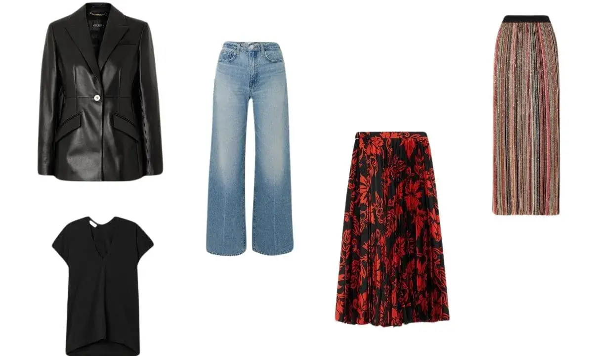 Outfit giacca di pelle donna con jeans a zampa, t-shirt nera, gonna a fantasia rossa e nera, e gonna a righe colorate.