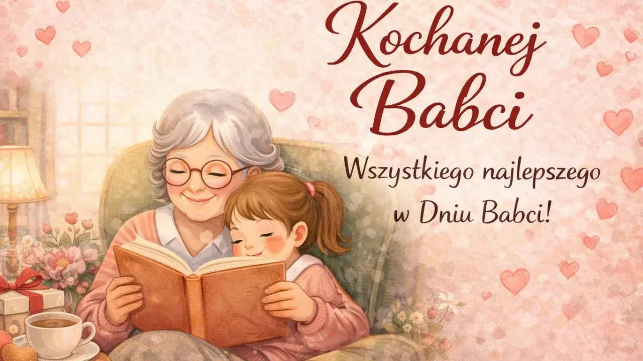 Wzruszające życzenia dla babci: uśmiechnięta babcia i wnuczka czytają książkę, otoczone serduszkami.